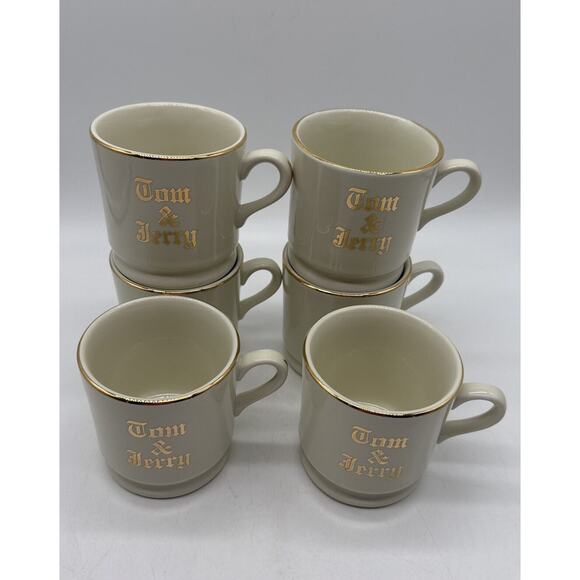 Vtg MCM Hall Tom & Jerry 8 Oz Cream Cups With Gold Trim Set Of 6 - Picture 3 of 5